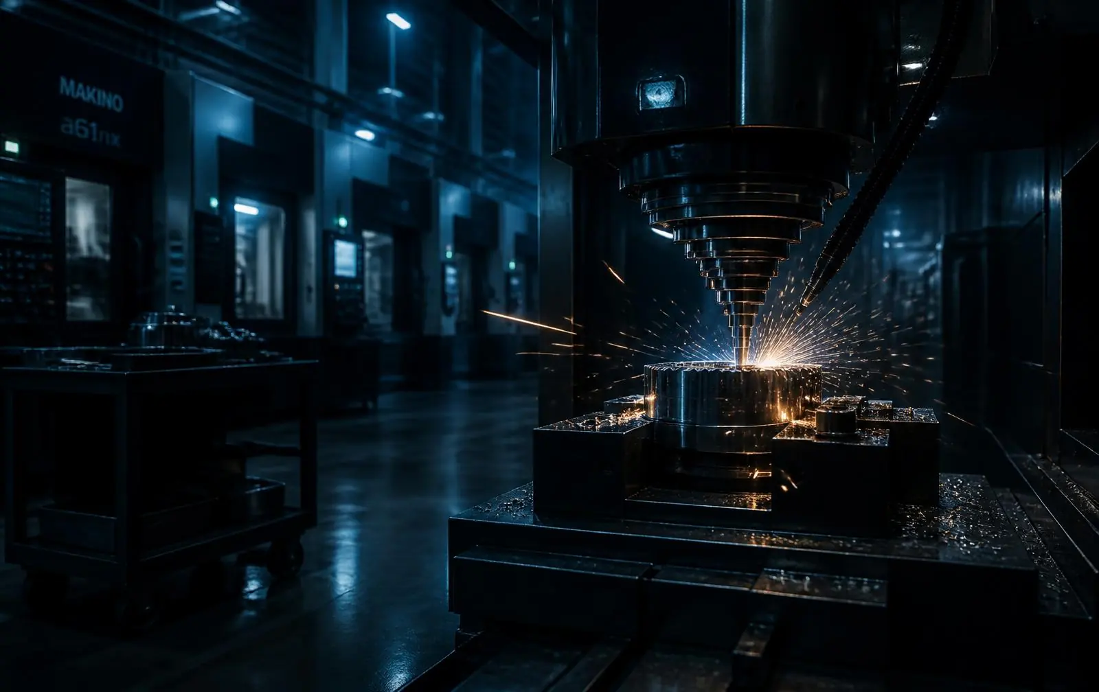Precision manufacturing line at night
